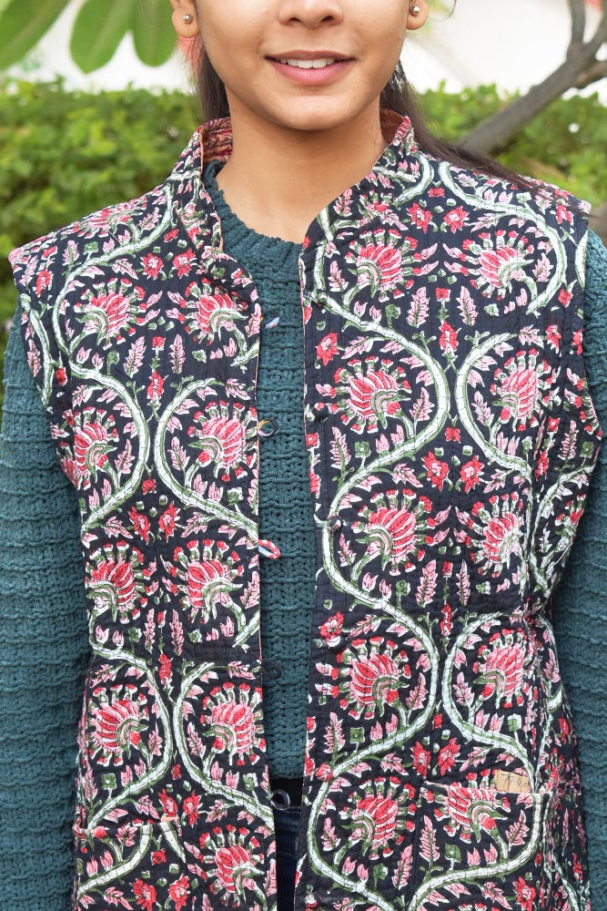 Block Print Quilted Reversible Sleeveless cotton jacket -Size 40