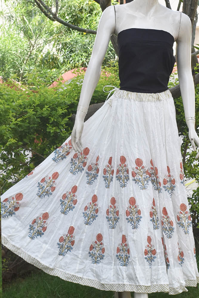 Beautiful Kalidar Block Printed Mul Cotton Skirt with Lining & Stitched borders