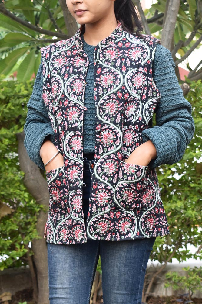 Block Print Quilted Reversible Sleeveless cotton jacket -Size 40