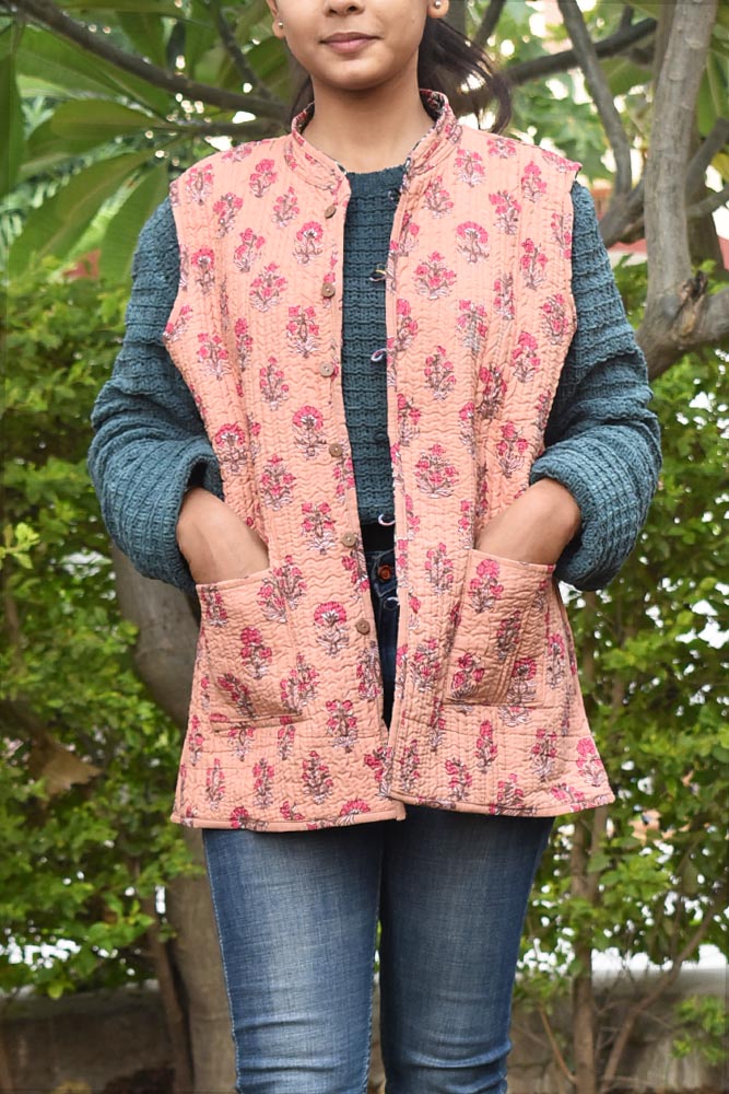 Block Print Quilted Reversible Sleeveless cotton jacket -Size 40