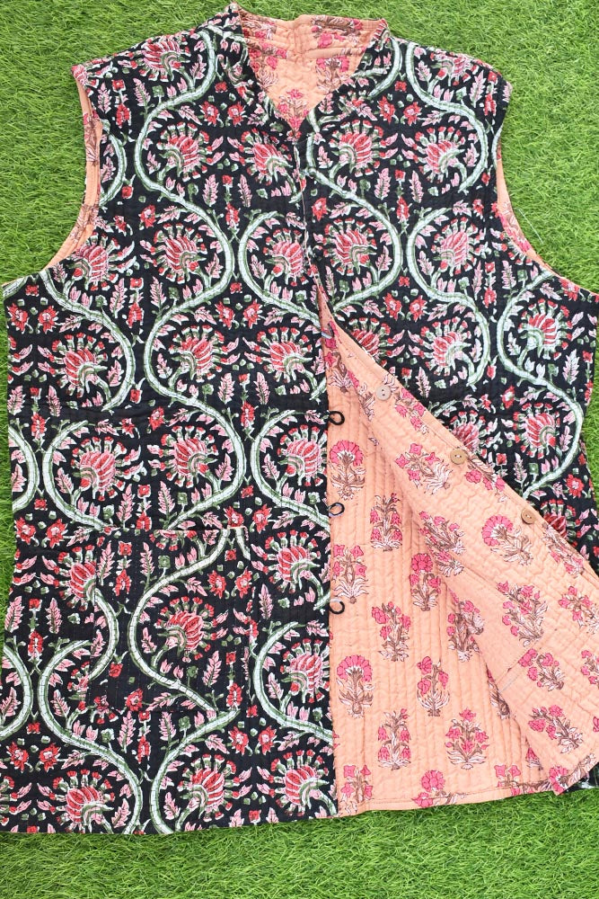 Block Print Quilted Reversible Sleeveless cotton jacket -Size 40