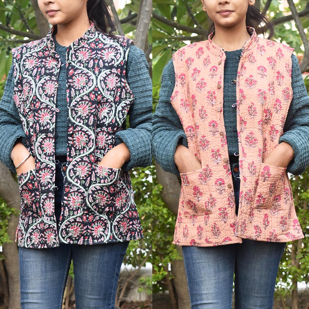 Block Print Quilted Reversible Sleeveless cotton jacket -Size 40