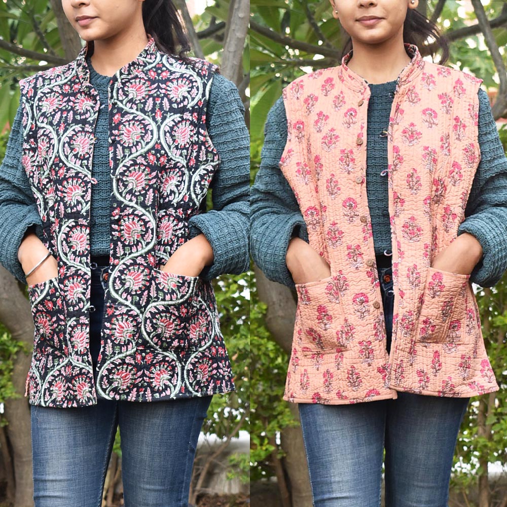 Block Print Quilted Reversible Sleeveless cotton jacket -Size  40