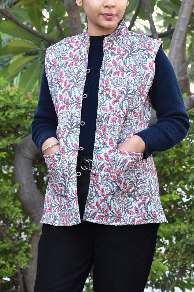 Block Print Quilted Reversible Sleeveless cotton jacket -Size  36