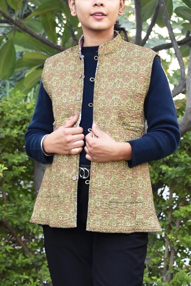 Block Print Quilted Reversible Sleeveless cotton jacket -Size 36