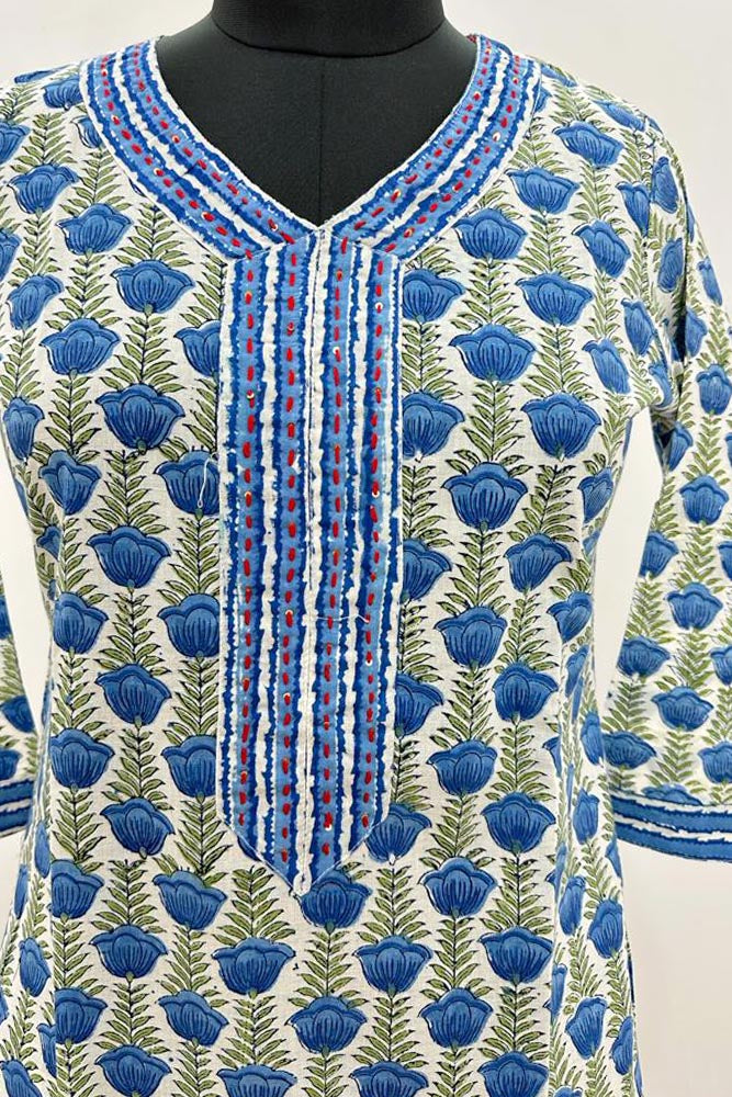 Hand Block Printed Cotton suit with Hand Embroidery - Kurta , Cotton Dupatta & Pant - size 38, 40, 42