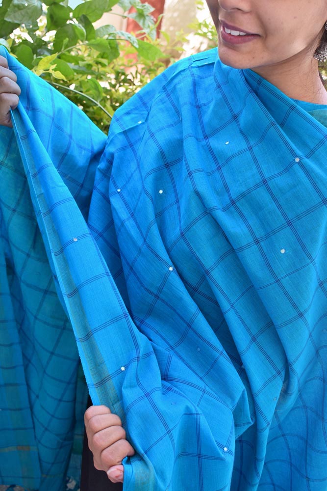 Handwoven Cotton dupatta with woven checks and with foil mirrors
