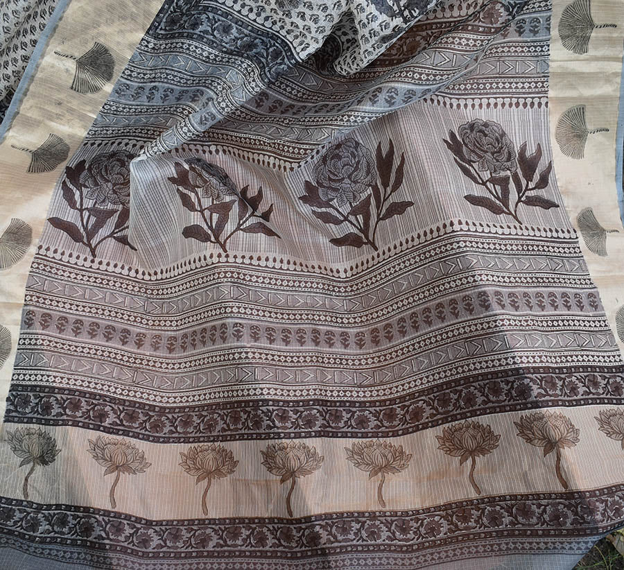 Beautiful Hand Block Printed Kota Silk Saree with Zari border