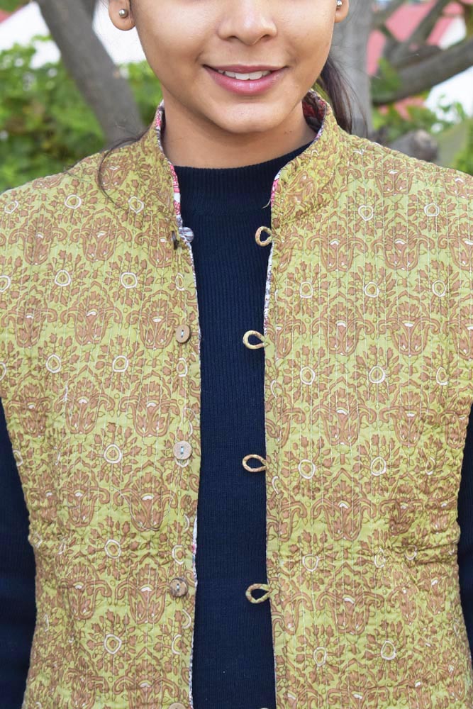 Block Print Quilted Reversible Sleeveless cotton jacket -Size 36