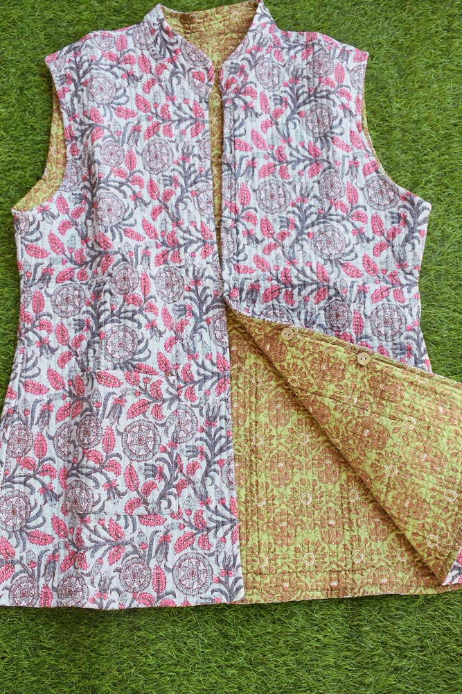 Block Print Quilted Reversible Sleeveless cotton jacket -Size  36
