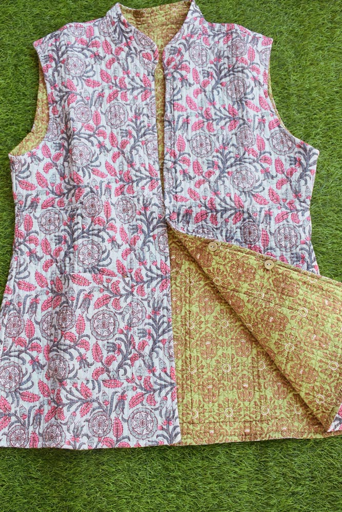 Block Print Quilted Reversible Sleeveless cotton jacket -Size 36