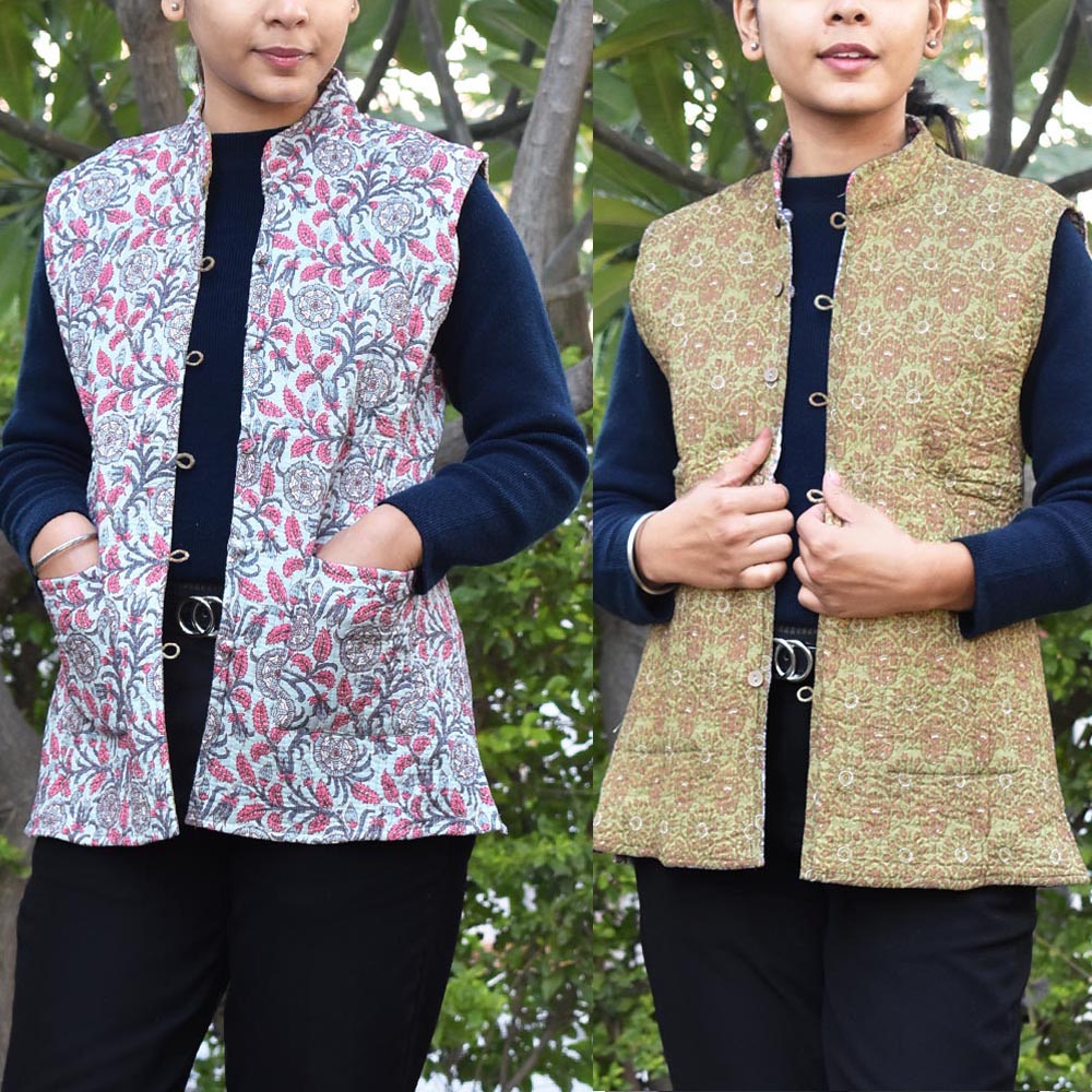 Block Print Quilted Reversible Sleeveless cotton jacket -Size 36
