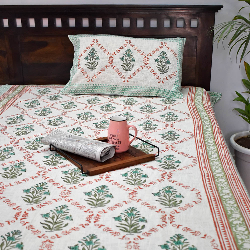 Hand block printed Textured Woven Cotton Single Bed sheet with Single ( 1 ) pillow cover