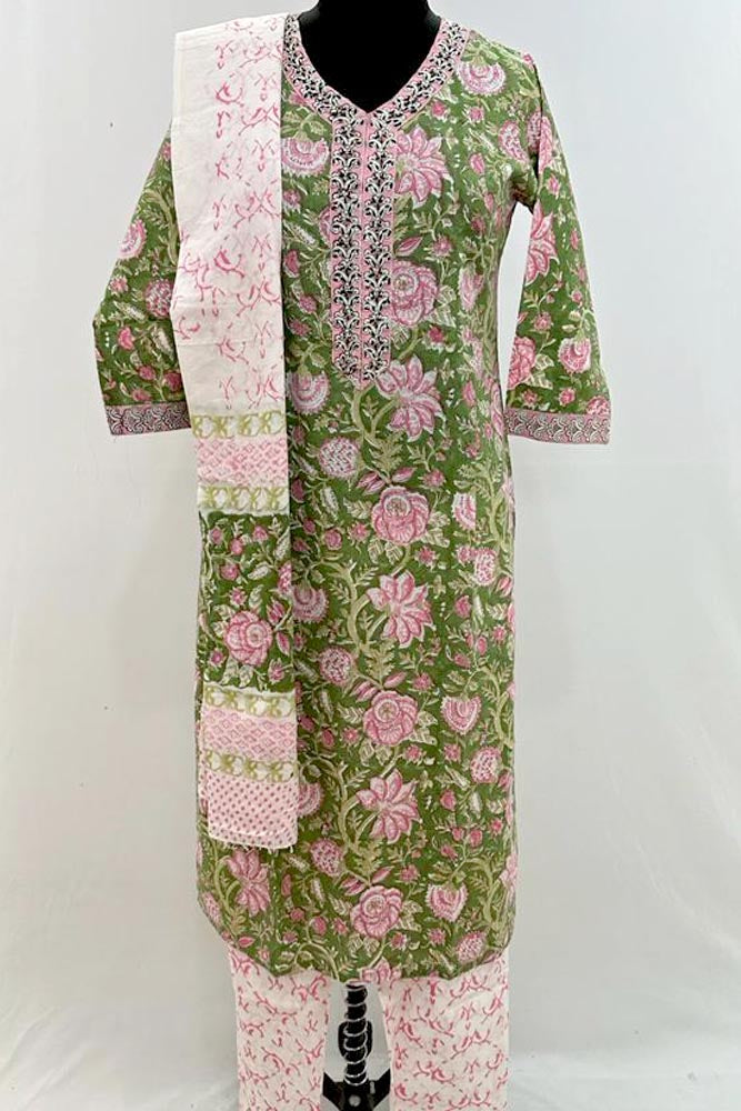 Hand Block Printed Cotton suit with Hand Embroidery - Kurta , Cotton Dupatta & Pant - size 38, 40, 42