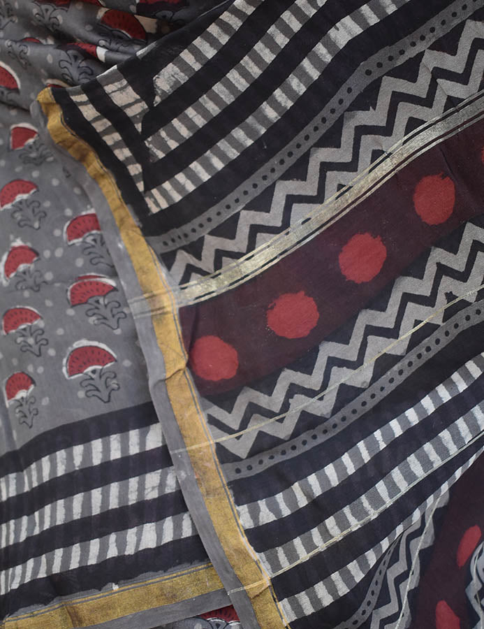 Elegant Chanderi Saree with Jahota ( Bagru + Dabu) Hand Block Print