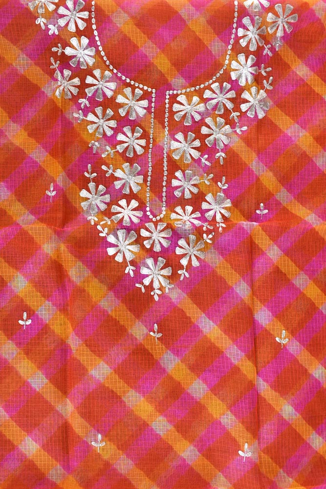 Beautiful Hand Tie & Dye Kota silk unstitched kurta fabric with Pitta work
