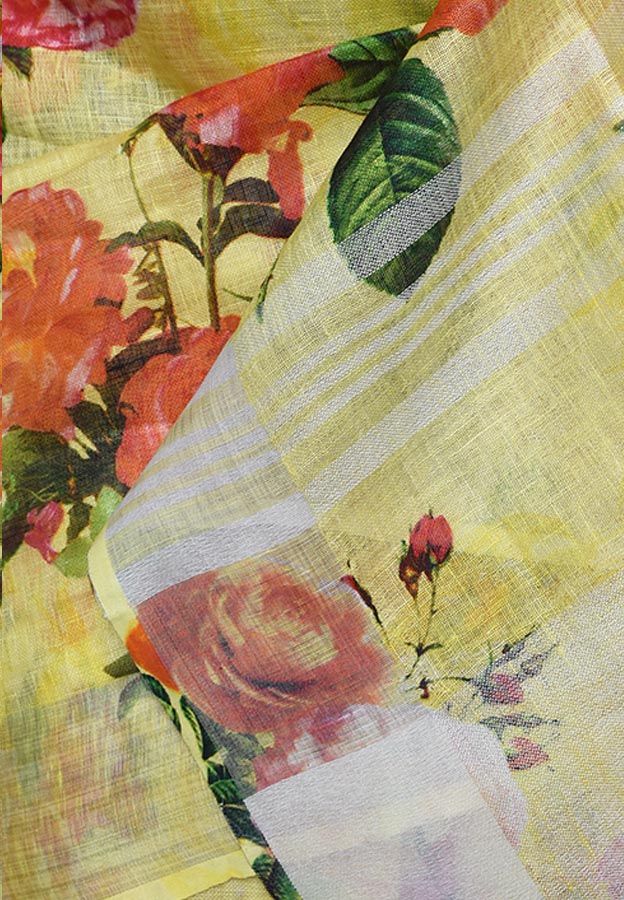 Digital print Linen saree with silver zari border & tassels