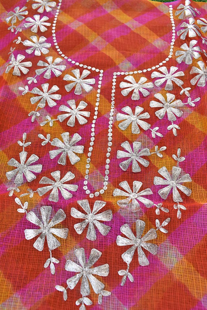 Beautiful Hand Tie & Dye Kota silk unstitched kurta fabric with Pitta work