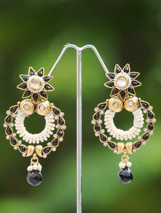 Stunning Black Polki & Pearl Earrings