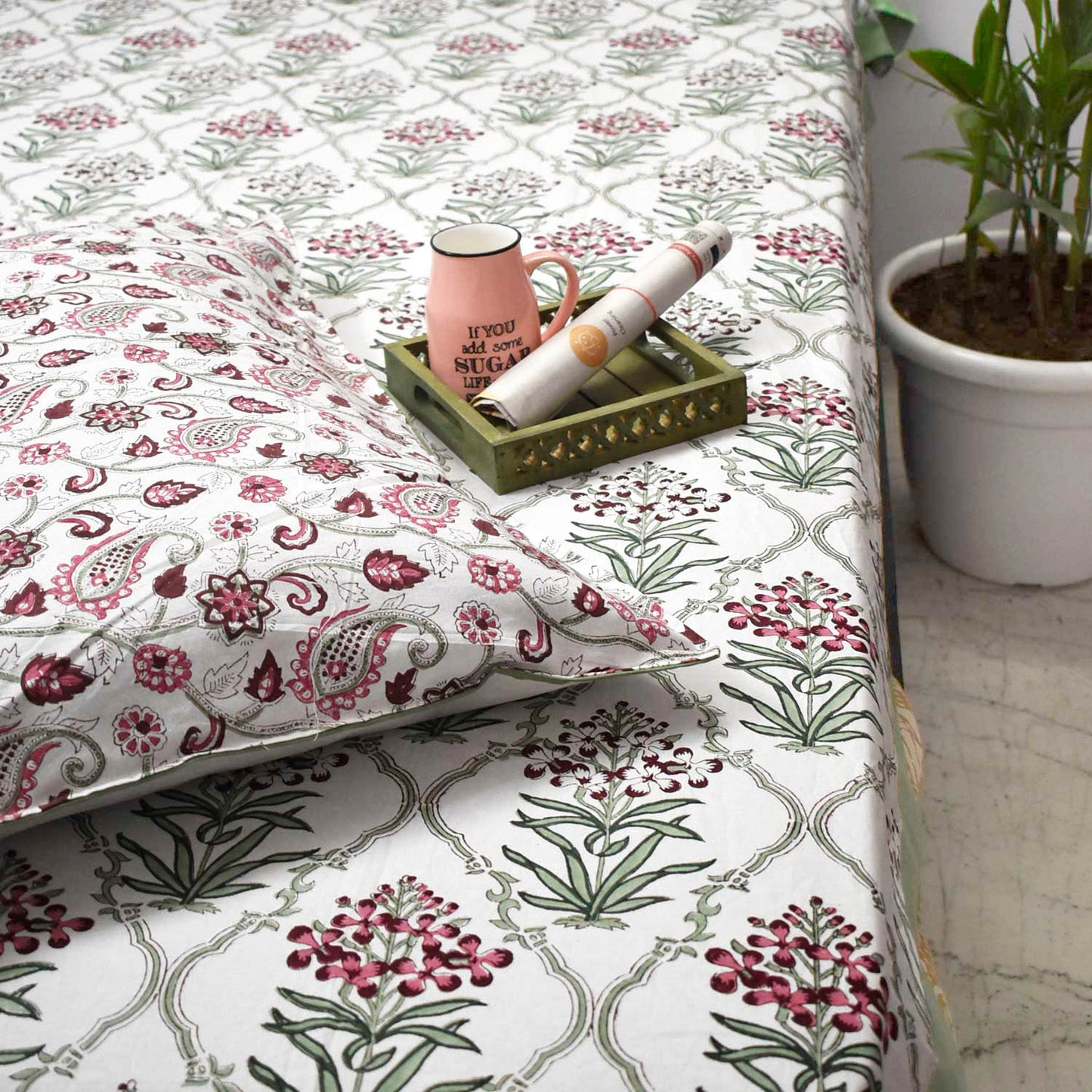 Hand block printed Single Bed sheet with Single ( 1 ) pillow cover