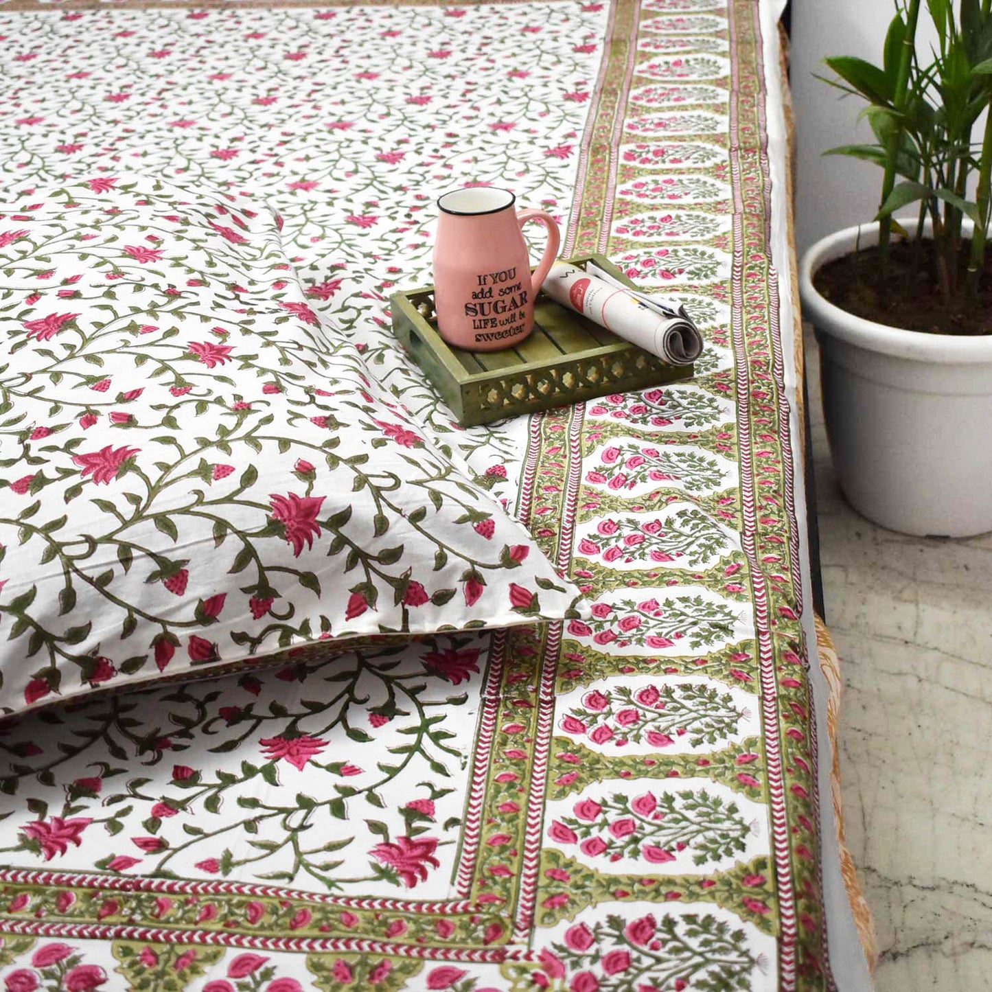 Hand block printed Single Bed sheet with Single ( 1 ) pillow cover