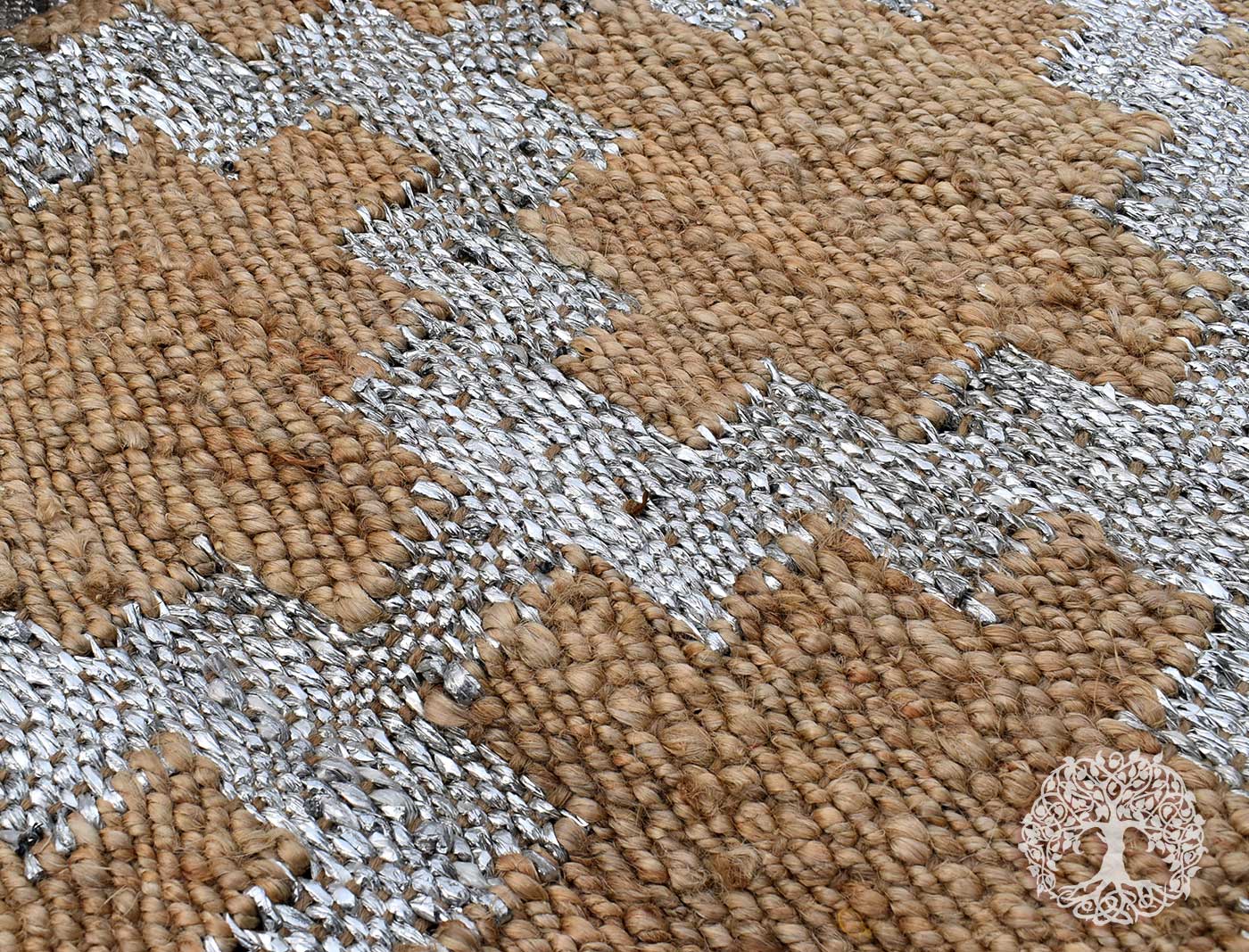 Handwoven Jute Hemp rug with woven silver motifs | 6 x 4 ft