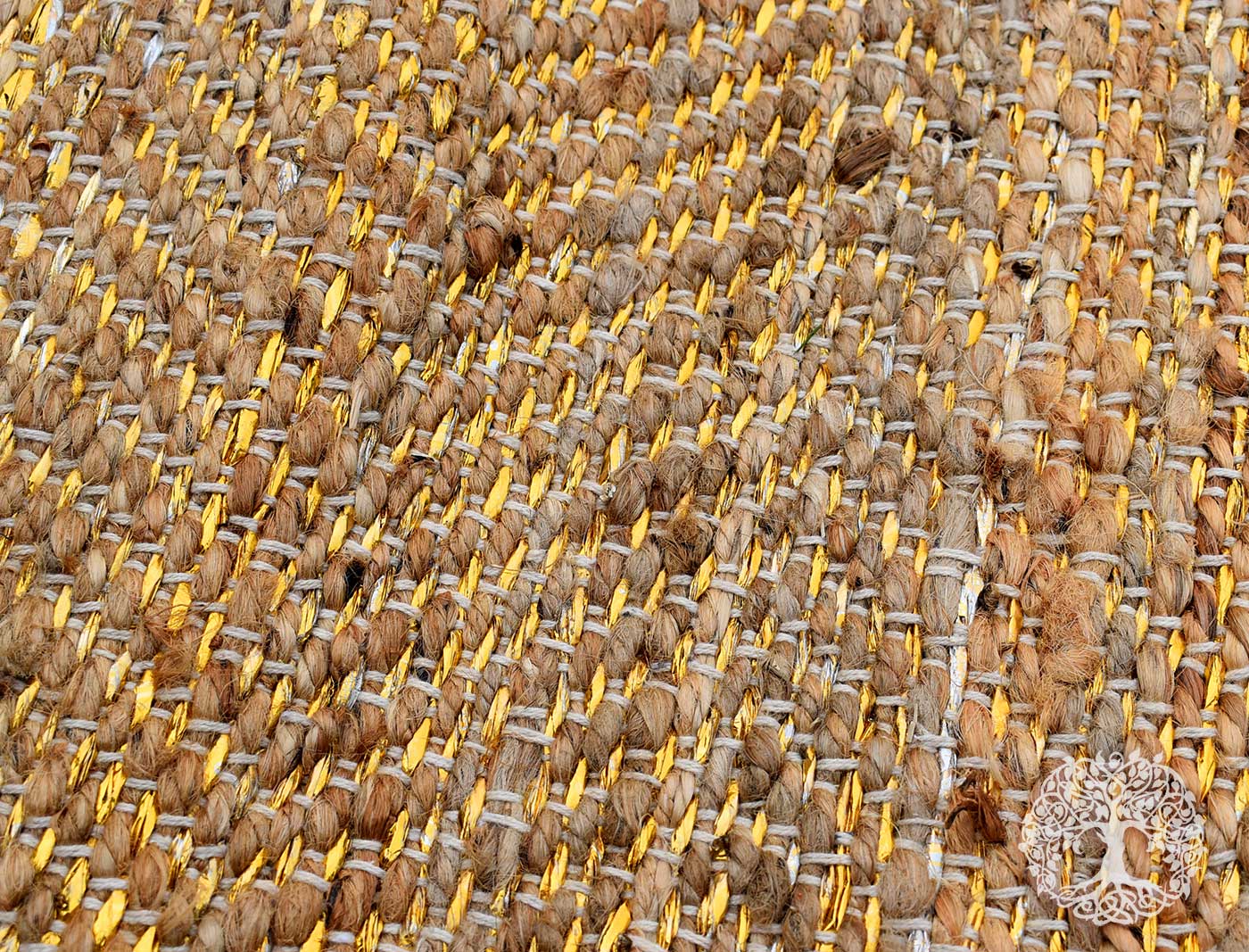 Handwoven Jute Hemp rug with woven gold motifs | 6 x 4 ft