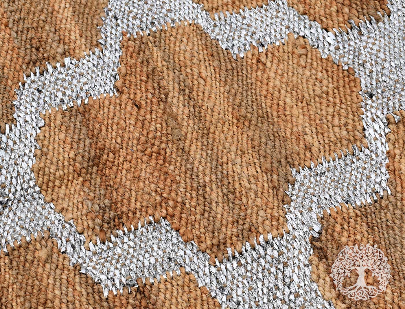 Handwoven Jute Hemp rug with woven silver motifs | 5 x 3 ft