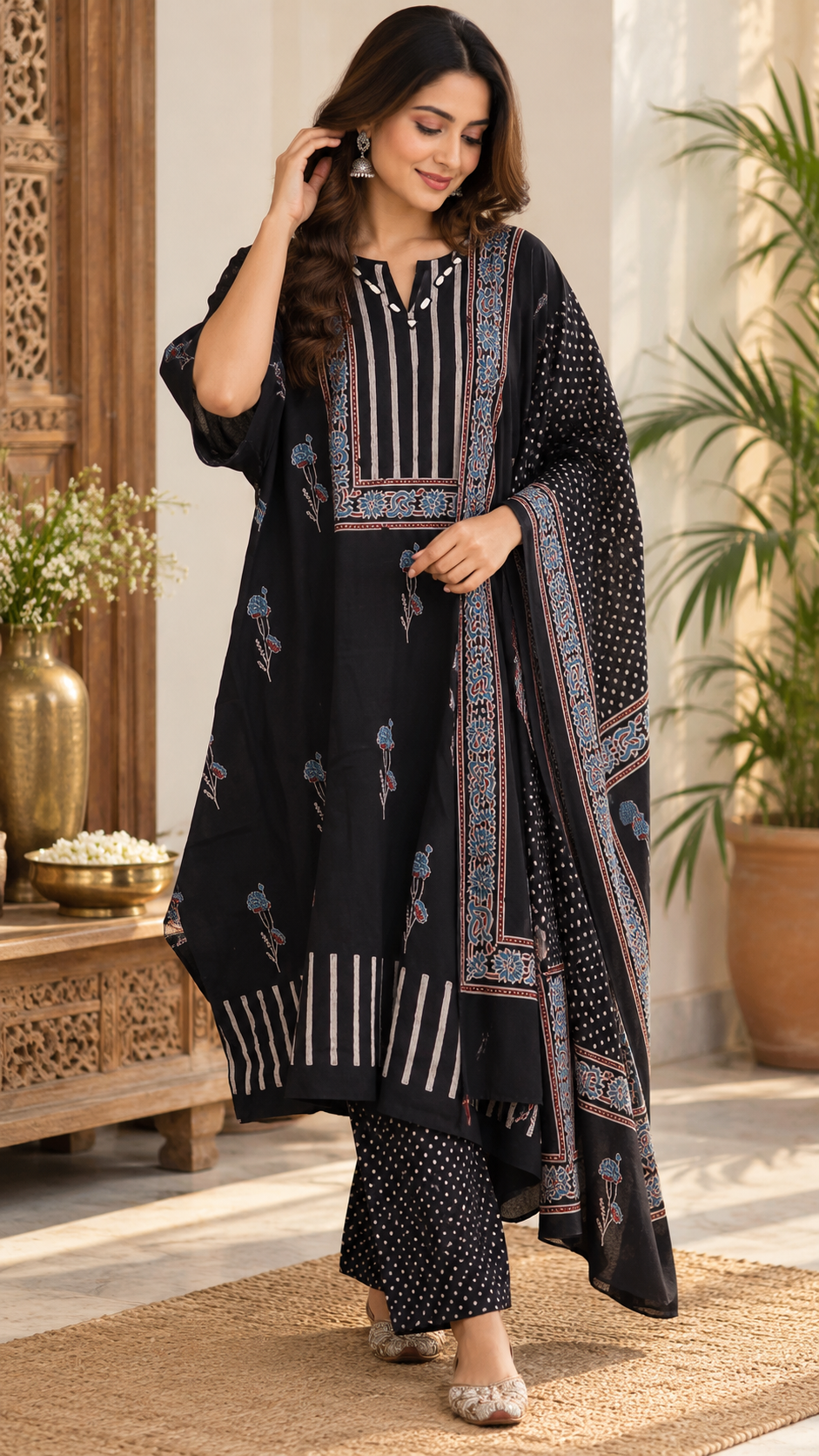 Ajrakh Block Print 3 pc Cotton Suit Kaftan kurta With Mirror Work  & stole - 40 to 46 size