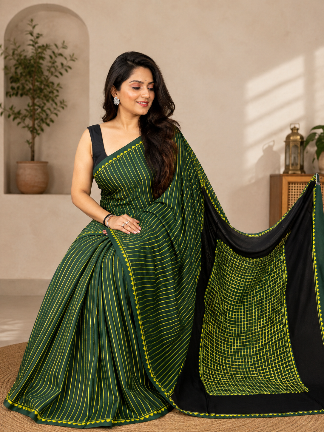 Elegant Hand Block Printed Ajrakh Modal Silk Saree