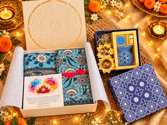 Diwali Gift Hamper - Bedsheet Value Gift Box | Bedsheet set & Metal Diya With Enamel and Diffuser set