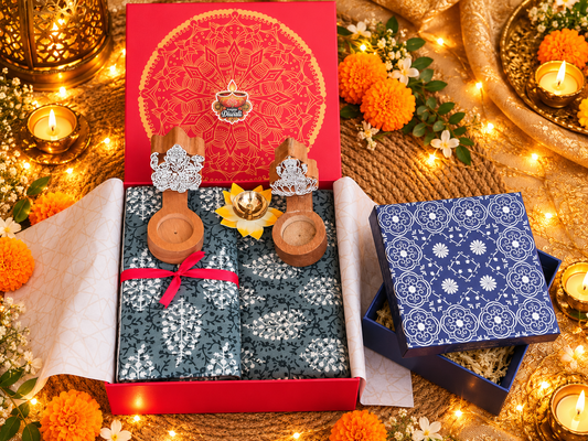 Diwali Gift Hamper - Bedsheet Value Gift Box With Carved Laxmi Ganesha Hamper & Metal Diya