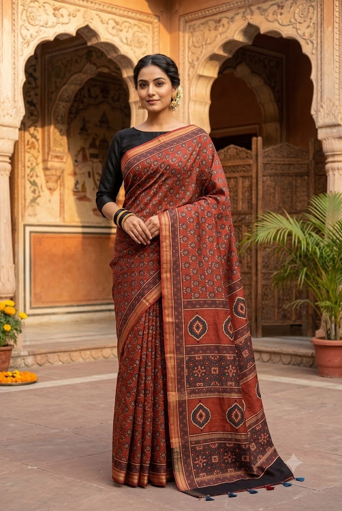 Elegant & Earthy Hand Block Printed Ajrakh Maheshwari Saree