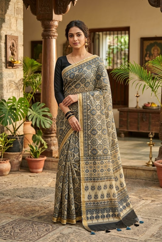 Elegant & Earthy Hand Block Printed Ajrakh Maheshwari Saree