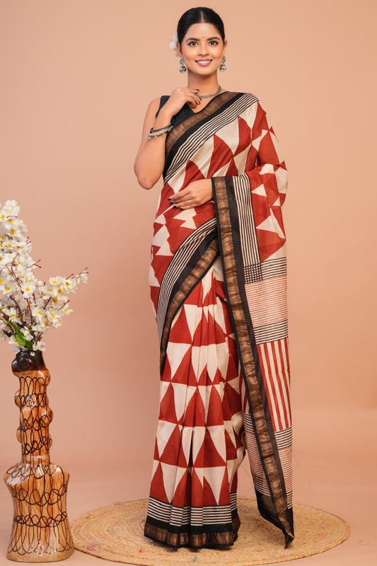 ज्यामिति : Elegant & Classic Hand Block Printed Bagru Maheshwari Silk Cotton Saree