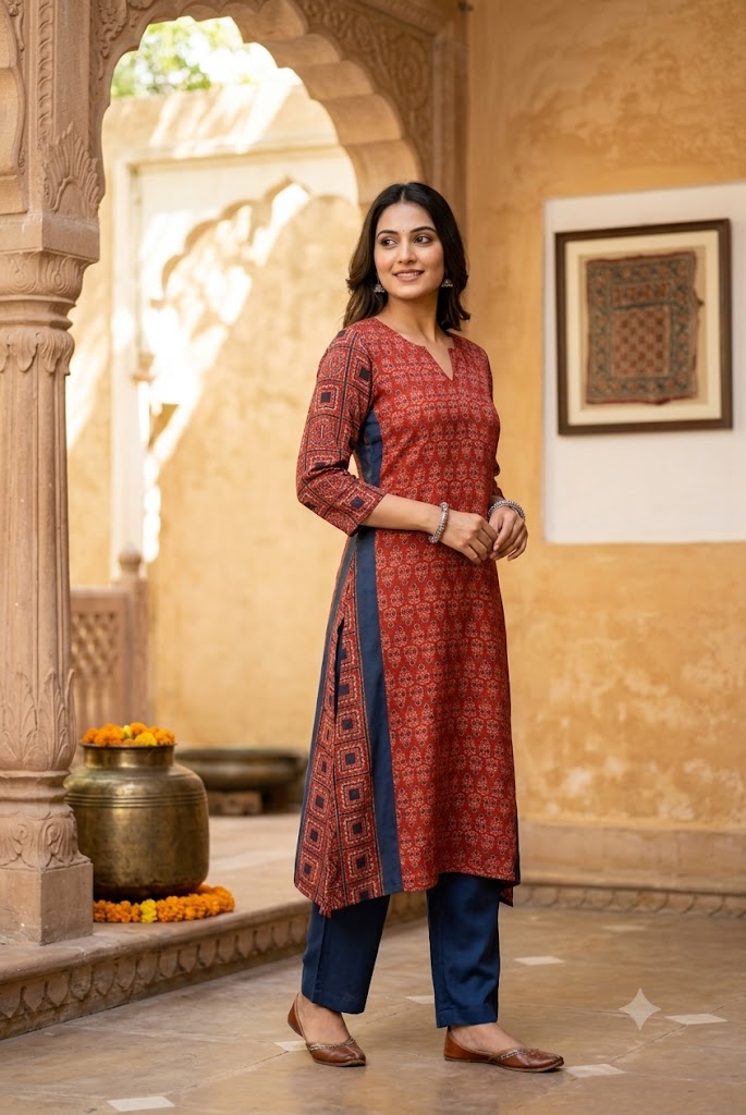 Beautiful Hand Block Printed Ajrakh Modal Silk Kurta, Size 40 to 44