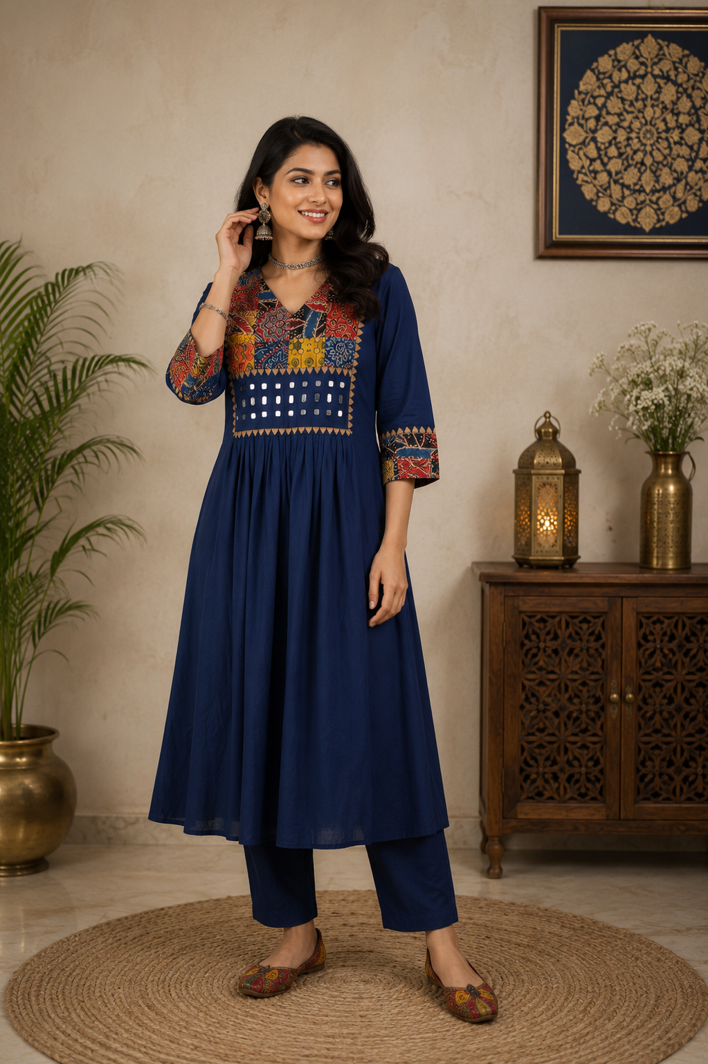 Designer Hand Block Printed cotton Kurta With Mirror Work - Size 38 to 48 ( all sizes)