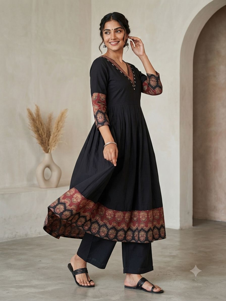 Designer Hand Block Printed cotton Kurta With Mirror Work - Size 38 to 48 ( all sizes)