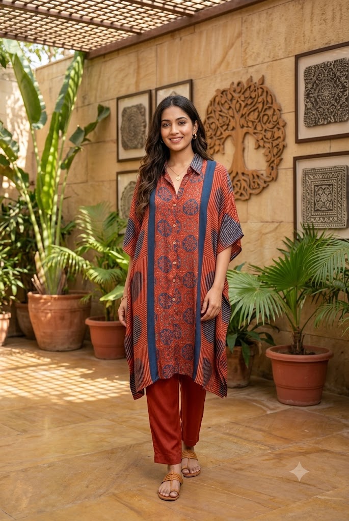 Beautiful Ajrakh Modal Silk Kaftan