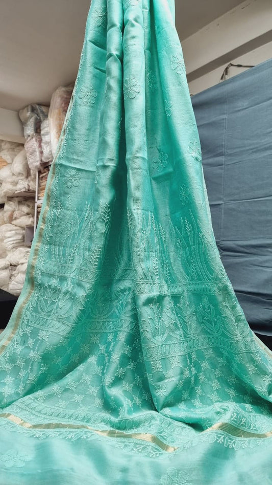 Elegant Chanderi Silk Cotton Saree with Intricate Lucknowi Chikankari work