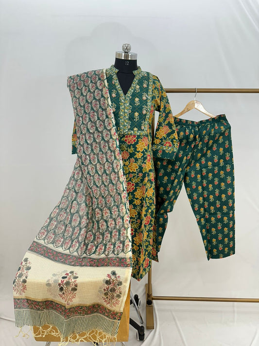 Hand Block Printed Cotton suit with Hand Embroidery - Kurta , Kota Dupatta & Pant - size  36,38, 40, 42, 44, 46, 48