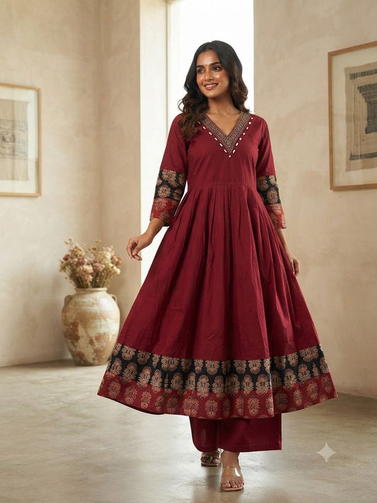 Designer Hand Block Printed cotton Kurta With Mirror Work - Size 38 to 48 ( all sizes)