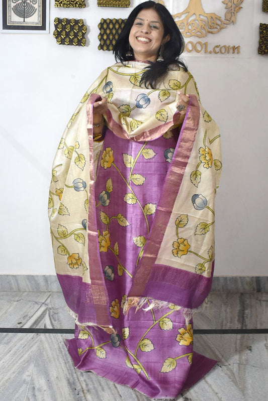 Beautiful Hand Block printed Tussar Silk Kurta Dupatta Set