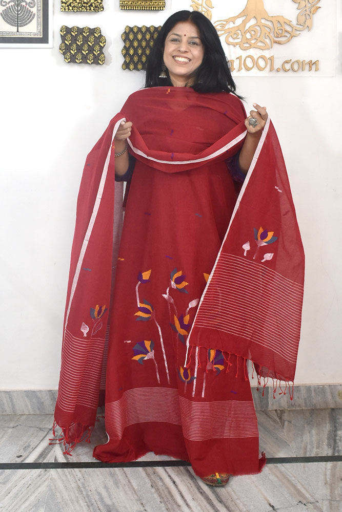 Kalakriti : Beautiful Hand Woven Soft Cotton Needle Jamdani Kurta Fabric & Dupatta set
