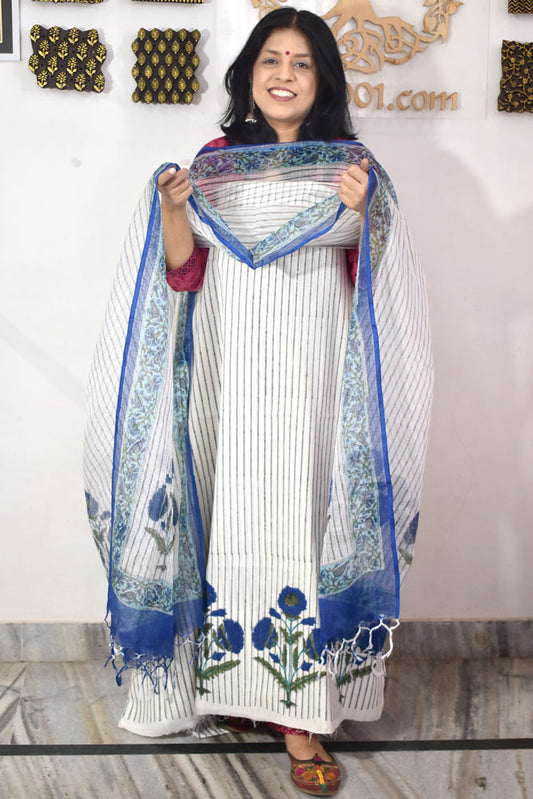 Designer Hand Block Print Cotton suit with Kota dupatta