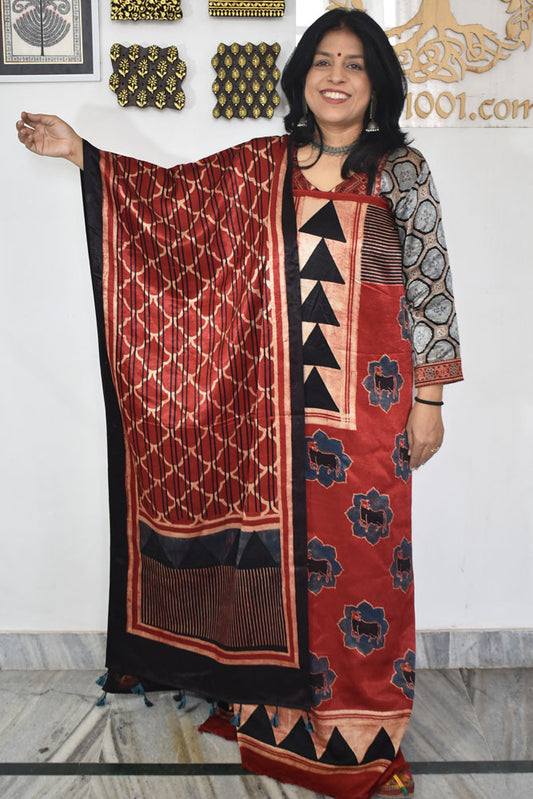 Designer Ajrakh Mashru Silk Unstitched suit with  panel / yoke design- 3 piece set
