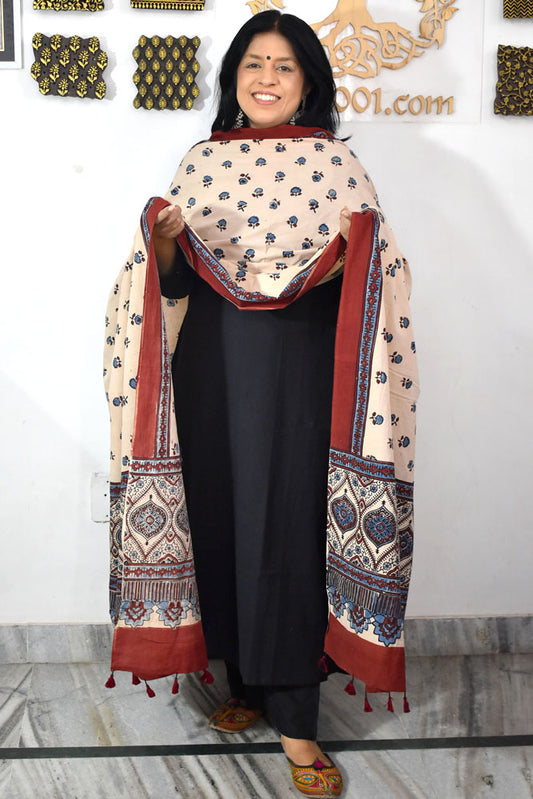 Ajrakh Hand Block Printed Cotton Dupatta with Tassels & natural dyes
