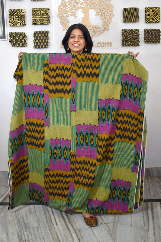 Multicolor Ikat Cotton Handloom 2.5mts Fabric with Uzbekistan Pattern Desigyn