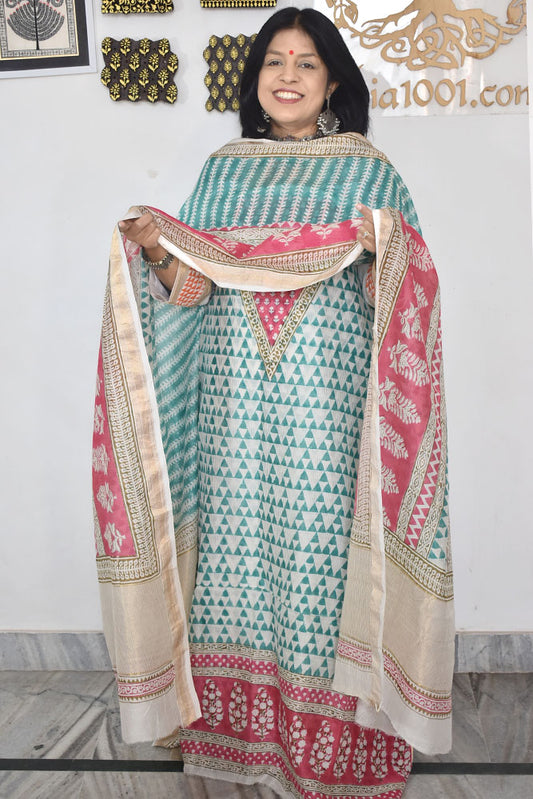 Bagh Hand Block Printed unstitched 3 pcs Handwoven Maheshwari suit fabric with Zari borders