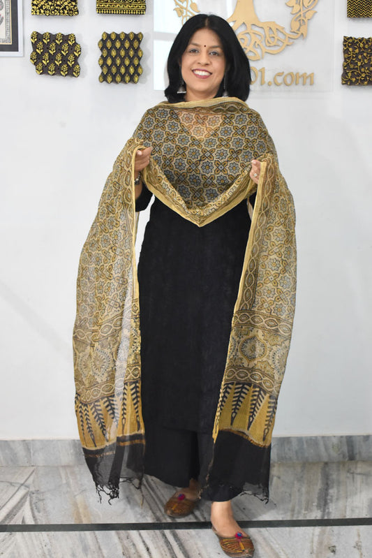 Beautiful  Ajrakh Hand Block Printed Kota Dupatta